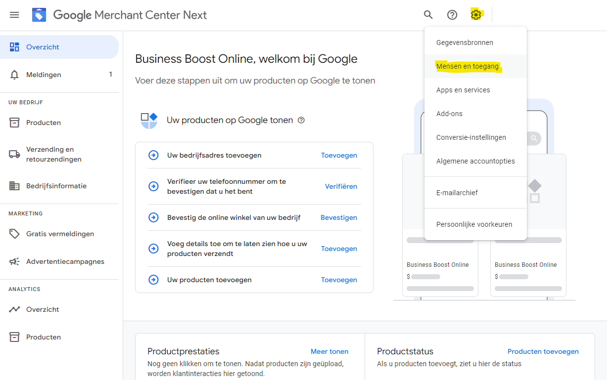 Gebruiker toevoegen aan Google Merchant Center