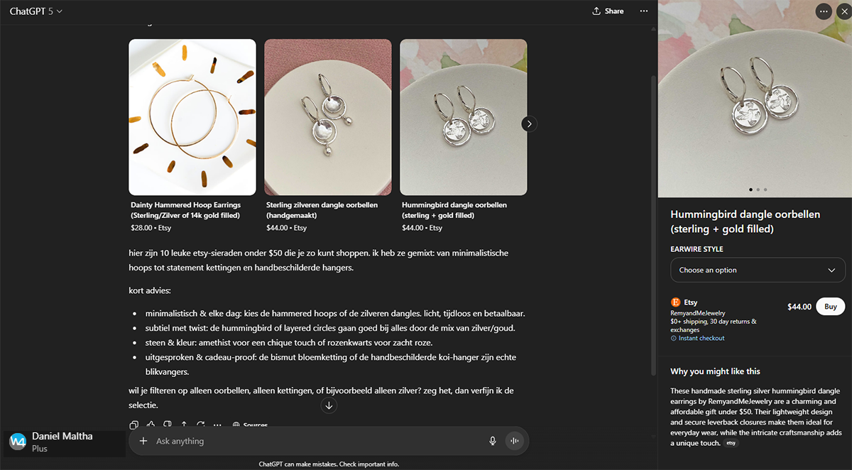 Om te zien hoe dit in de praktijk werkt, heb ik mijn VPN ingesteld op de VS en ChatGPT geopend. Ik vroeg: “Show me jewelry from Etsy under $50”.